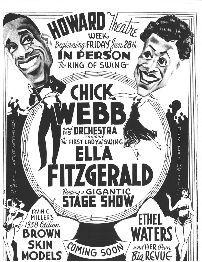 Vintage flyer from Howard Theatre week featuring the extraordinary duo of Chick Webb and Ella Fitzgerald, showcasing their legendary talents in a captivating performance that reverberated through the walls