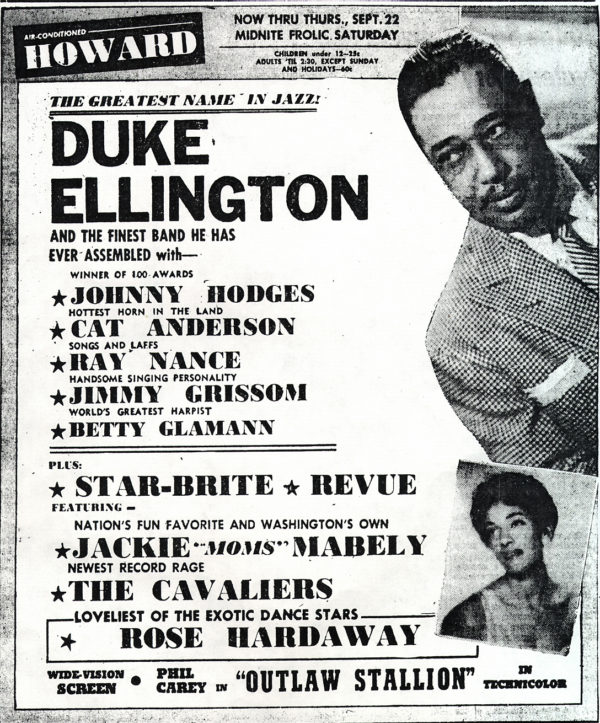 Frolic Friday flyer, featuring the legendary Duke Ellington, a true musical visionary, promising an electrifying night of jazz excellence and captivating rhythms. Plus Star Brite, Jackie "Moms" Mabely, The Cavaliers and Phil Carey in "Outlaw Stallion" in technicolor and wide vision screen.